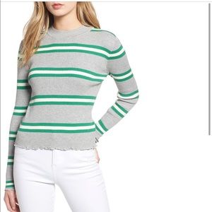 NWOT BP. Ribbed Lettuce Edge Stripe Sweater Round Neck Grey Green White Size M
